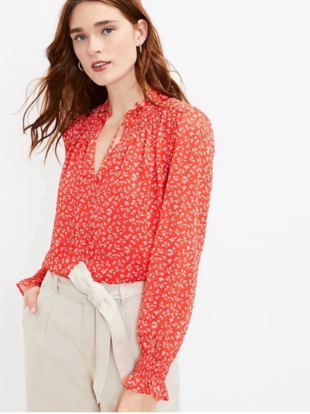 Loft Red Orange Ditsy Floral Tie-Neck Smocked Blouse Size M Petite